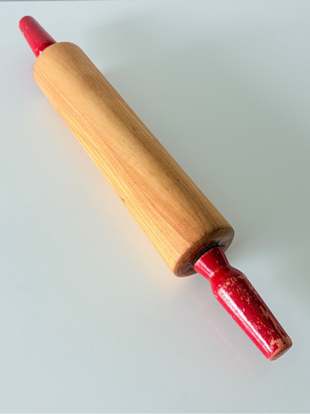Vintage Baribo-Maid Red-Handled Maple Rolling Pin 1960s Canadian Kitchen Tool